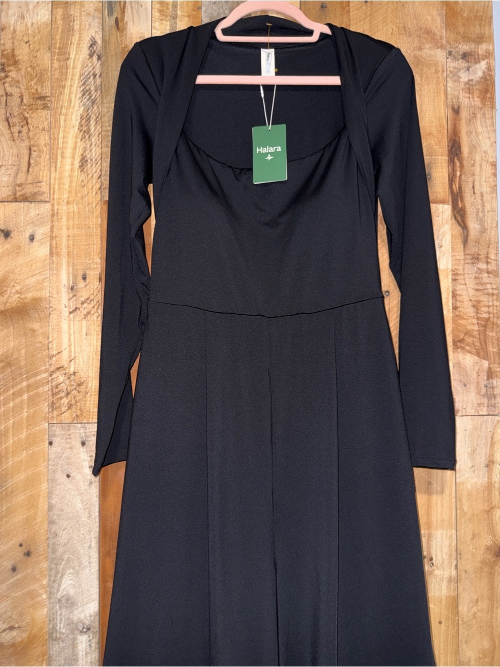 HALARA Black Long-Sleeve Wide-Leg Jumpsuit with Draped Neckline - Picture 3 of 6